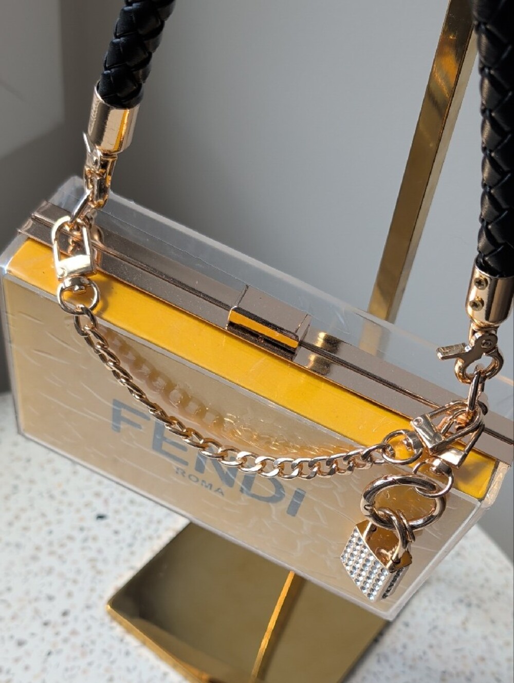 Upcycled Yellow Acrylic Box Bag with Black Braided Handle and Gold Chain - Picture 6 of 7